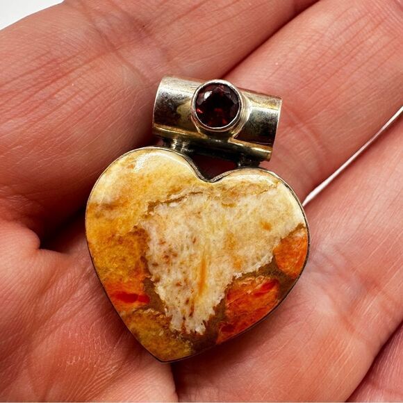 Heart shaped coral jasper and spessartite garnet in solid 925 pendant/slide! - Picture 4 of 11